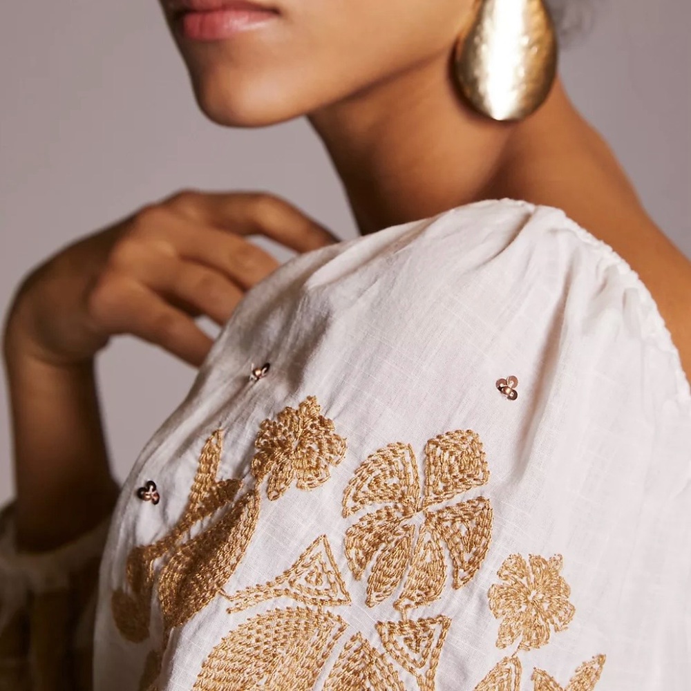 Anthropologie White Peasant Blouse with Tan Embroidered Sleeves - Picture 5 of 11